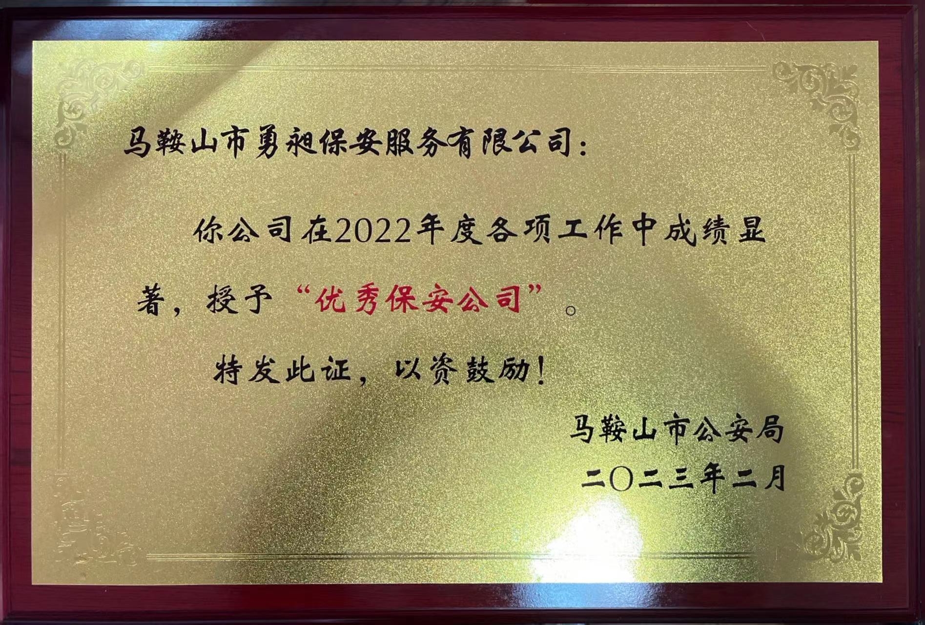 <b>喜报！勇昶公司荣获2022年优秀保安公司称号</b>